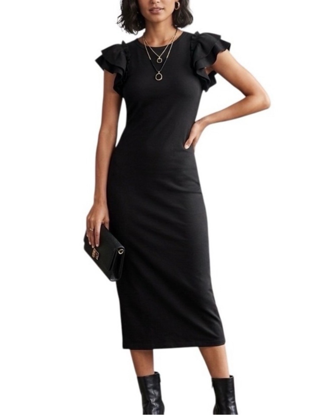 Elegant Black Ruffle-Sleeve Midi Dress